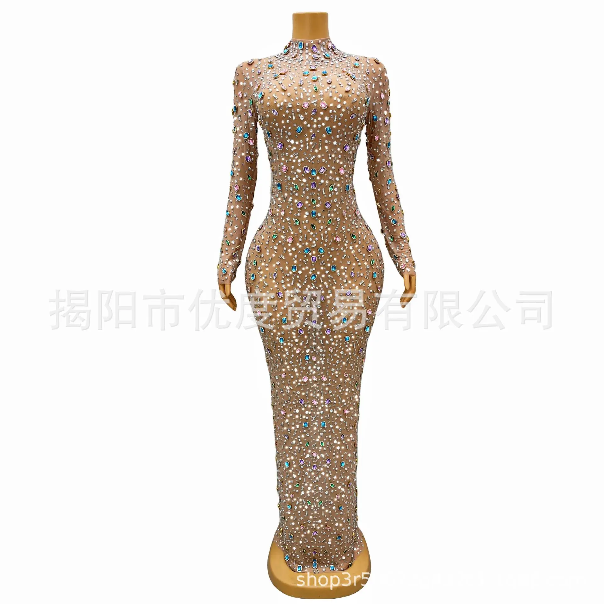 Handmade Shiny Colored Rhinestones High-end Temperament Cocktail Party Red Carpet Dress Performance Candy Long Sleeves Vestidos