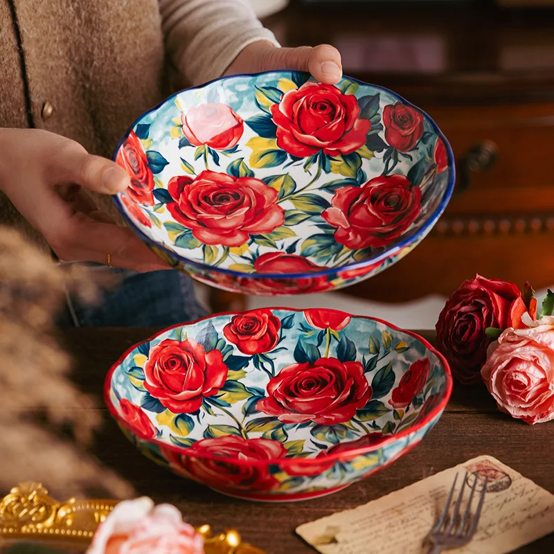 DSA home home dinner plate rose lace deep plate red and blue porcelain underglaze color art ceramic tableware