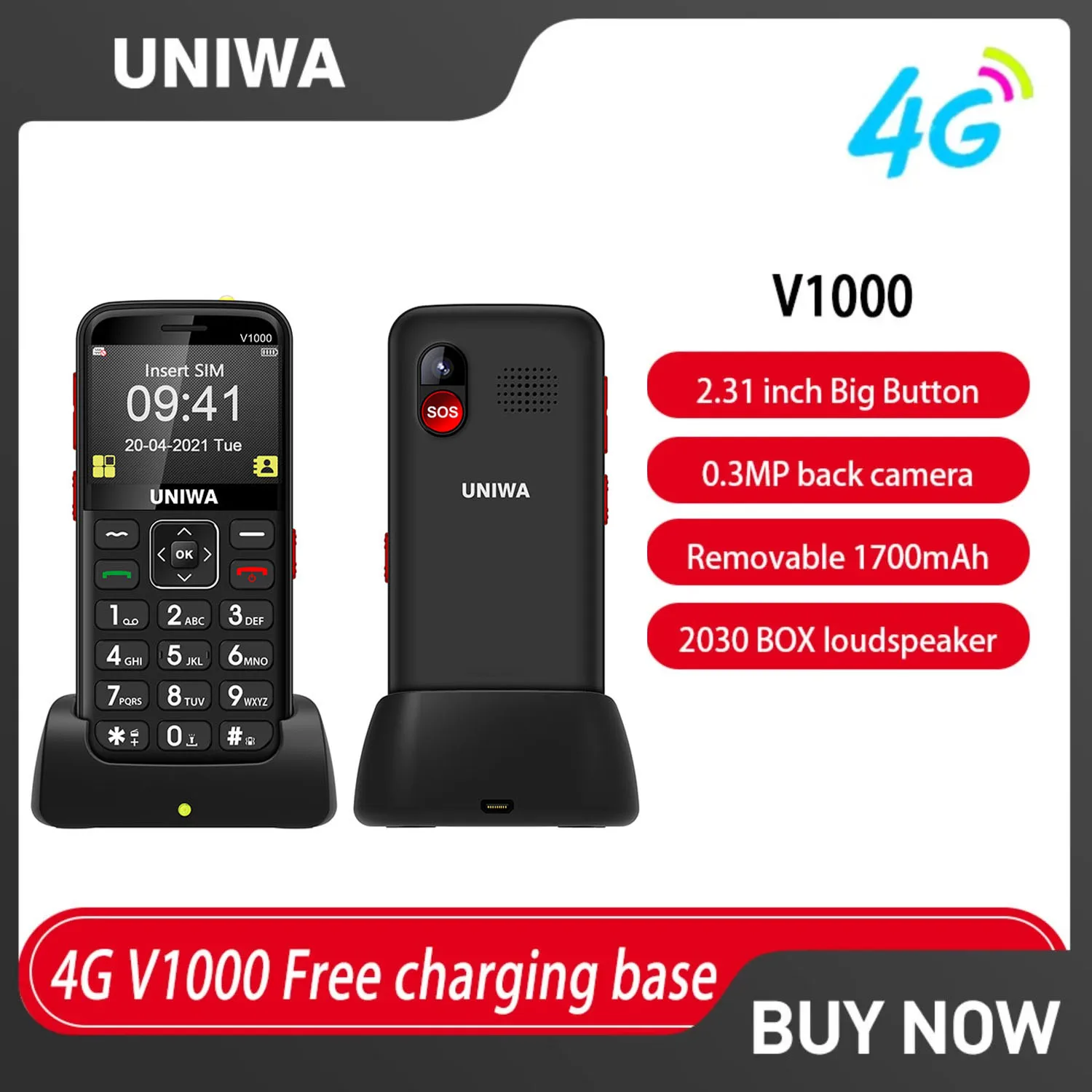 UNIWA V1000 4G Feature Phone 2.31”1700mAh 64MB RAM+64GBROM Big Button Mobile Phone 0.3MP Back Camera Russia Keyboard for Elderly