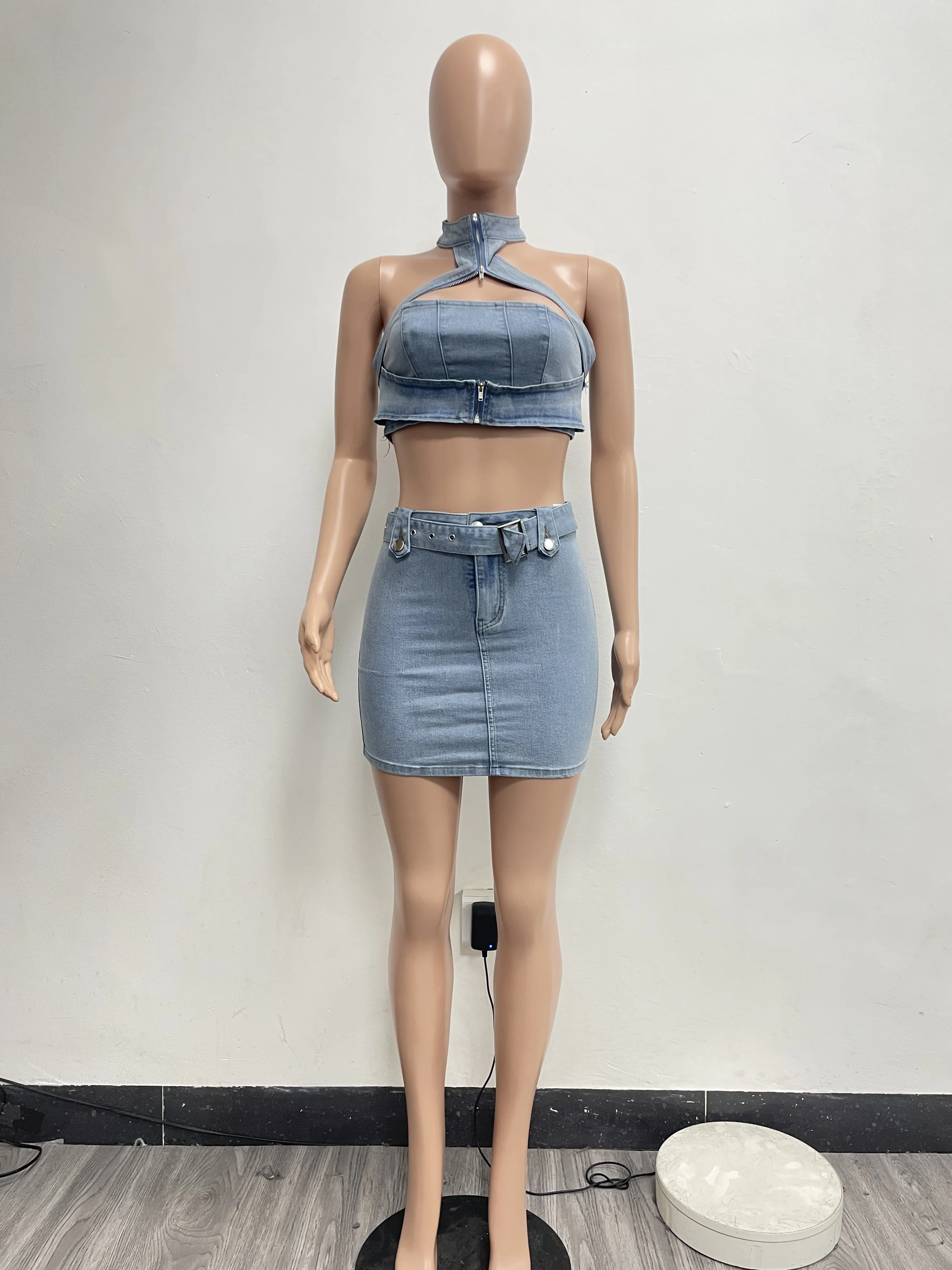 Summer stretch denim two pieces skirt set with backless halter denim top and mini denim skirt