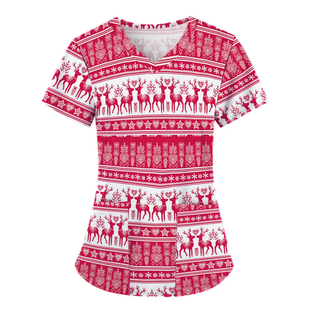 Европейская и американская женская униформа для кормления, рождественская серия, повседневная рабочая униформа медсестры с короткими рукавами и v-образным вырезом с 3D принтом