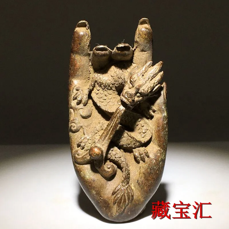 Antique Chinese Qianlong Period Solid Pure Copper Carved Buddha Hand Dragon Ball Three Dimensional Relief Sculpture