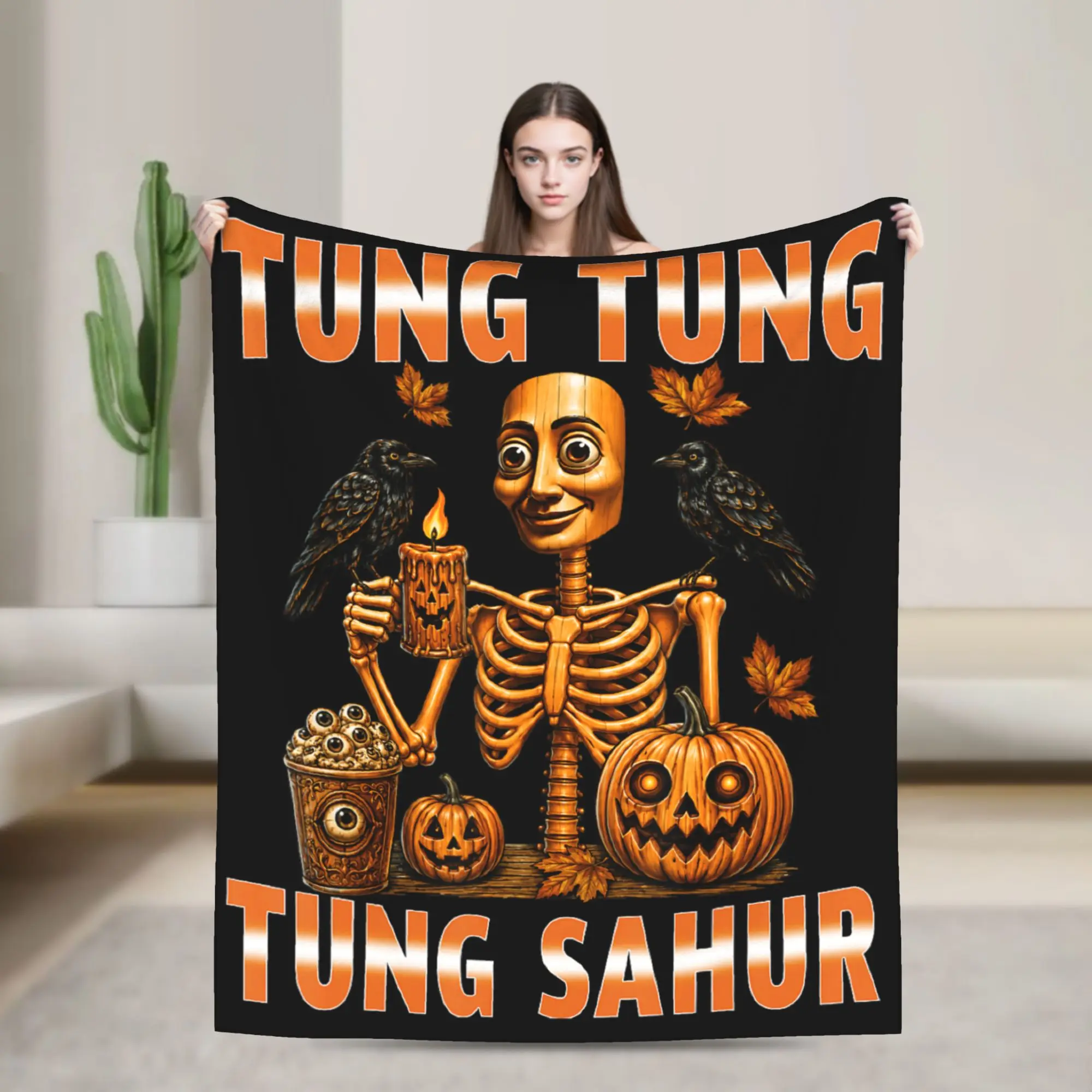 Vintage Halloween Skeleton Tung Tung Sahur Pumpkin Throw Blanket Soft Cozy Novelty Blanket For Sofa Home Plane Flannel Bedspread