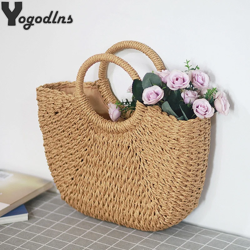 Sacs d'été faits à la main pour femmes, tissage de plage, sac en paille enveloppé, sac de plage en forme de lune, sacs à main à poignée supérieure, fourre-tout