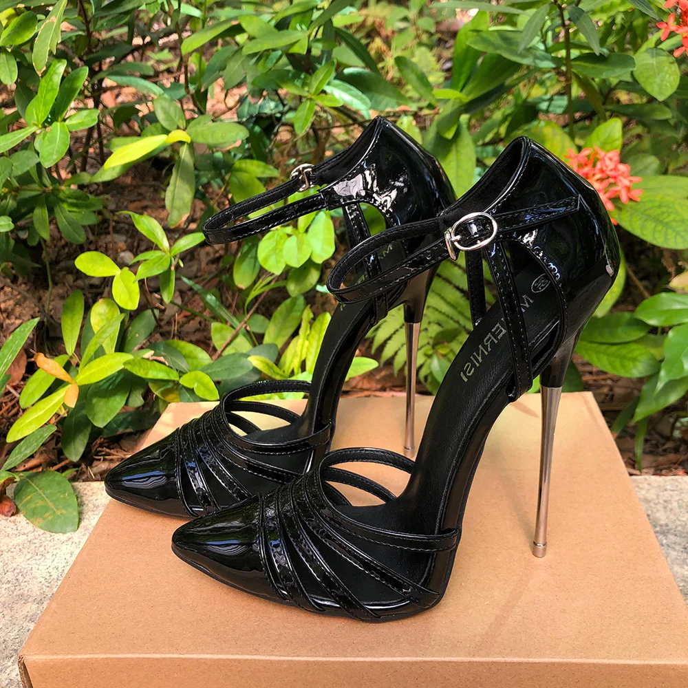 Women Pumps 16cm Extreme Thin High Heels Black Ankle Strap Stilettos Sexy Fetish Model SM Man Party Cross Dresser Unisex Shoes