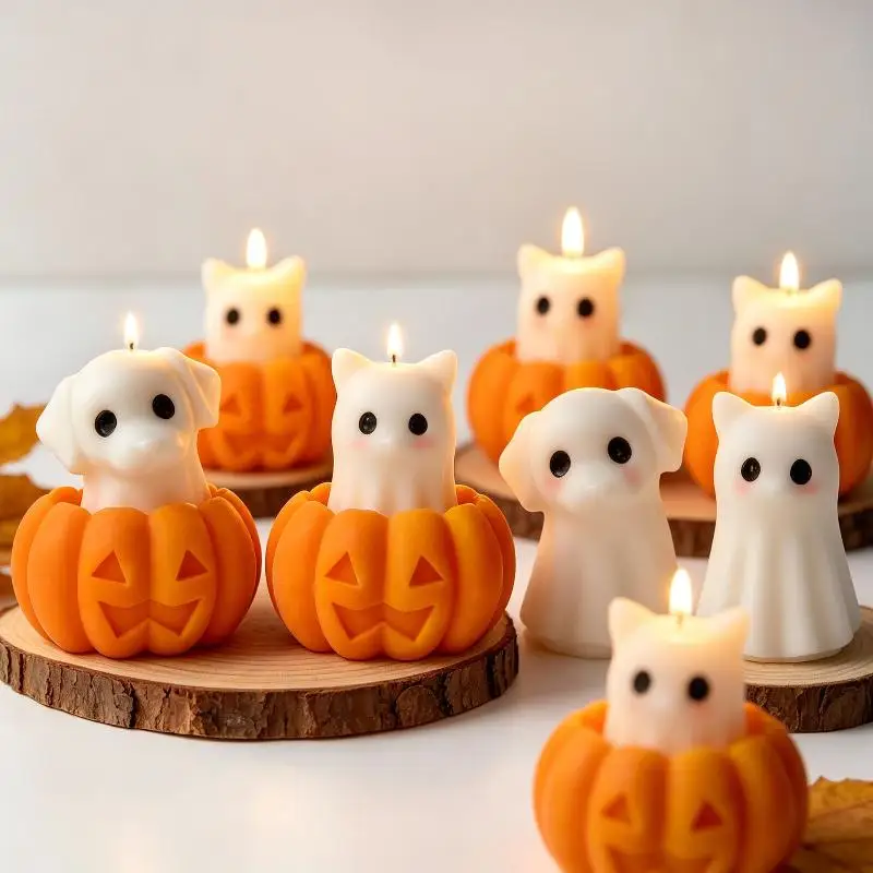 DIY Halloween-Kerzenform aus Silikon, Spuk-Welpen-Katzen-Design, niedliche Geister-Gipsform, Dekorationsform, Zubehör zur Herstellung von Duftkerzen – Detail 1