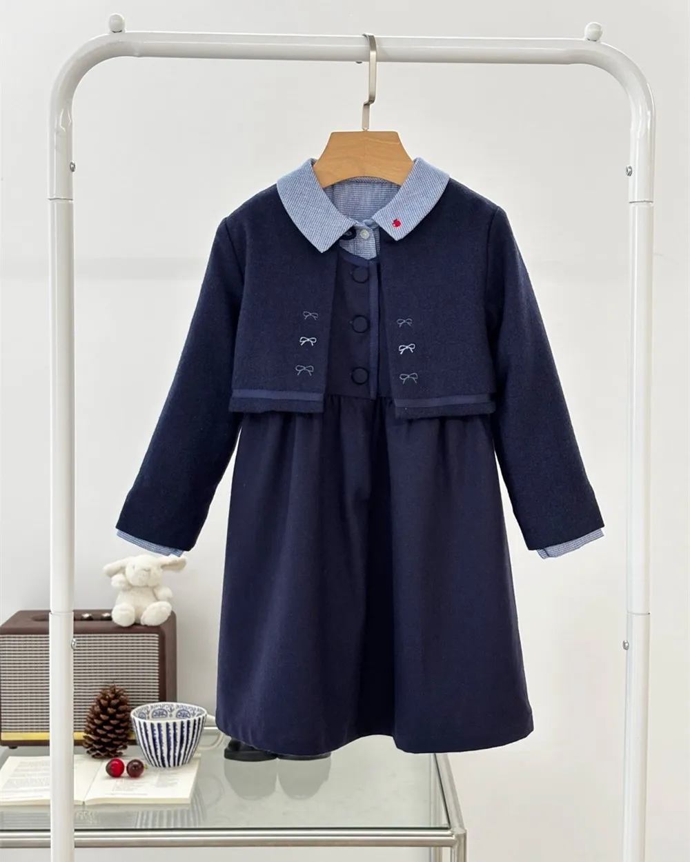 

Осенне-зимний комплект для малышей, детская одежда для девочек, комплект платьев для девочек, милое платье-жилет в студенческом стиле + пальто, шерстяное платье