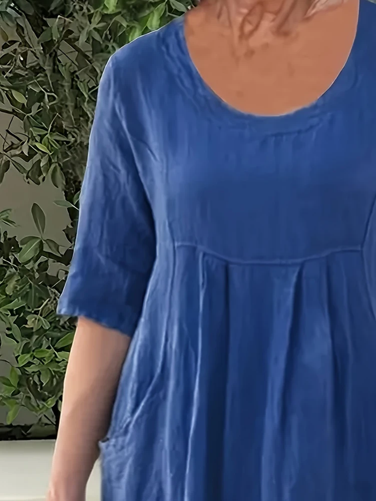 Übergrößen 1XL-5XL Damen Locker Sitzendes Baumwoll-Leinen-Kleid mit Taschen, Sommerkleid mit Rundhalsausschnitt und kurzen Ärmeln sowie Strandparty-Kleid – Detail 5