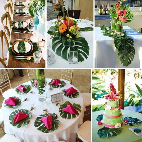 60 Pcs 6 Kinds Artificial Palm Leaves Tropical Plant Leaves Faux Monstera Leaves Stems For Hawaiian Luau Party Decorations, Jung