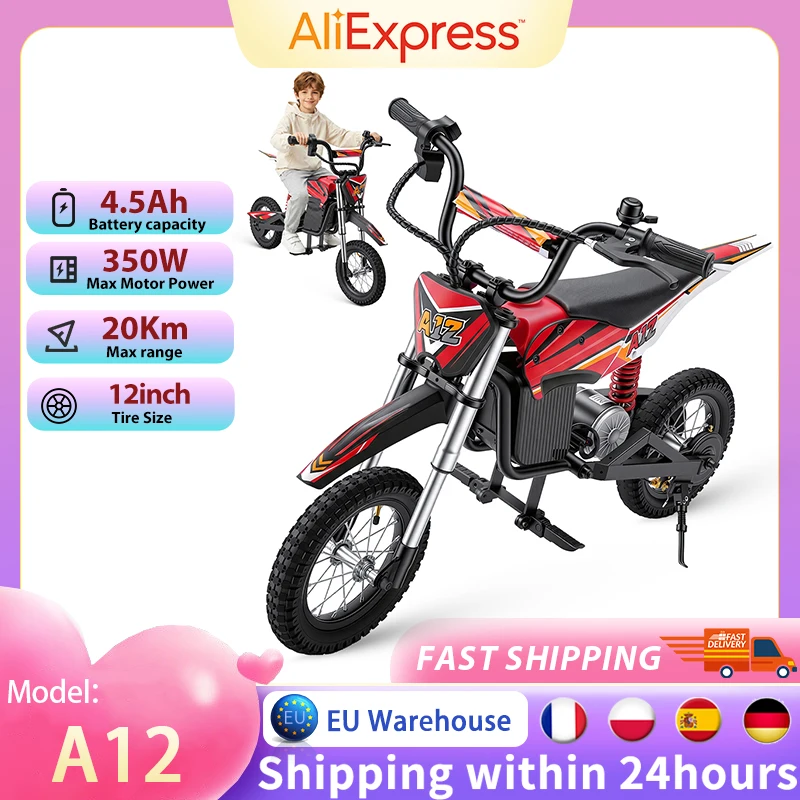 E-Moto Giocattolo A12 per Bambini con Motore da 350W, Autonomia di 20km, Batteria 36V4.5Ah, 3 Velocità, Doppi Freni, Ammortizzatori, Luci LED per Divertimento all'Aperto