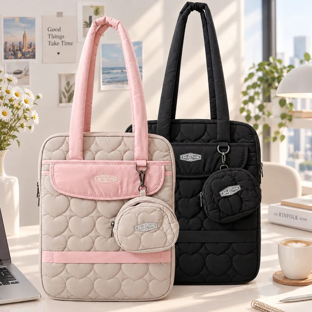 Puffy Quilted Laptop Tote Bag for Women 13-14 Inch Laptop Shoulder Bag with Matching Pouch Handbag for Work School Travel