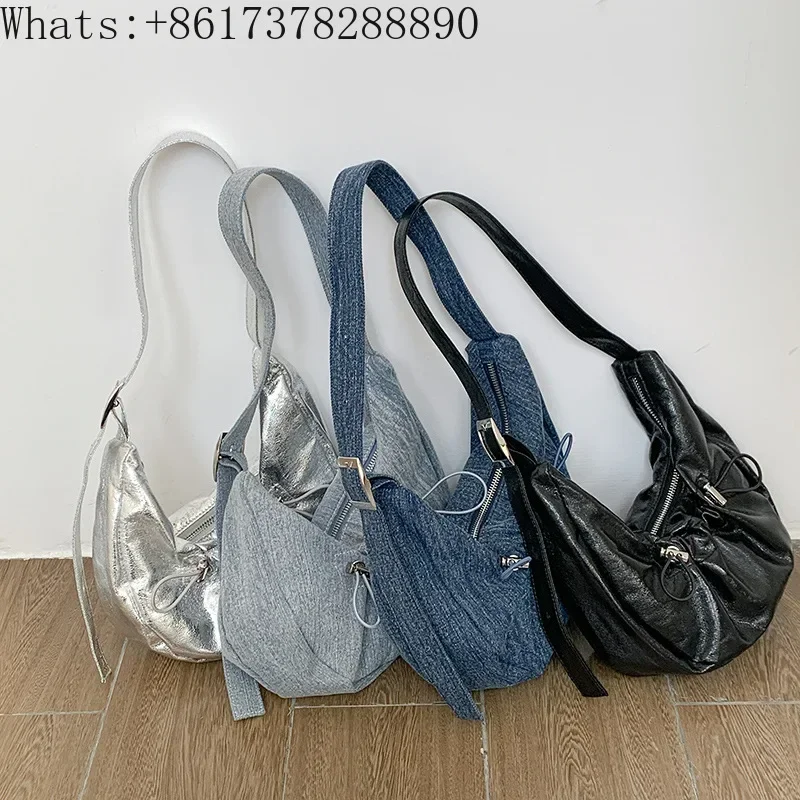 

Denim crescent shoulder premium pleated silver PU dumpling women's niche Arc de Triomphe armpit bag