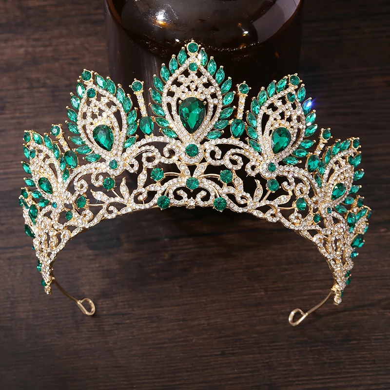 Cenmon Royal Queen Green Crown Big Diadem Bride Tiara Crowns for Women Bridal Wedding Party Crown Hair Dress Jewelry Accessori