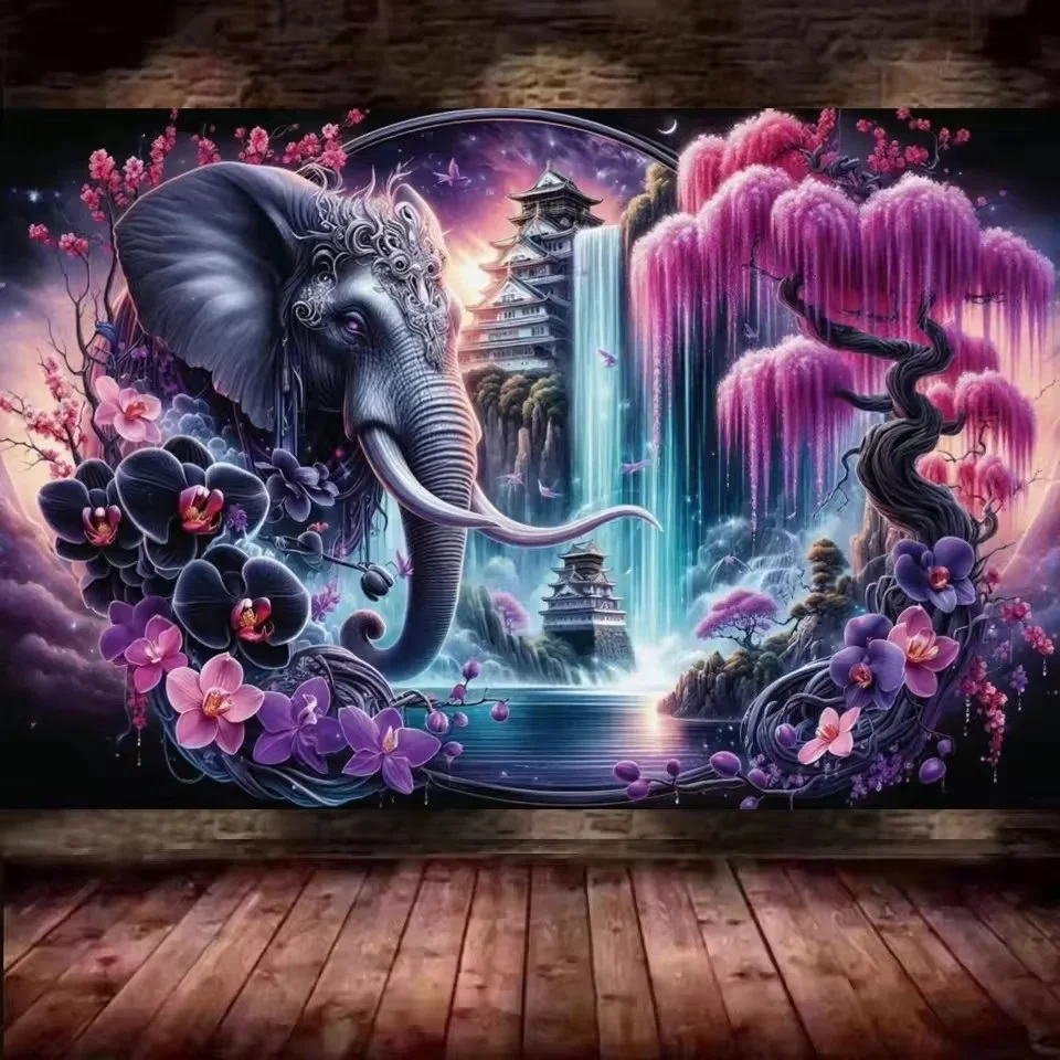 

Vibrant Colorful Elephant 5D Diy Large Diamond Painting Waterfall Pink Tree Flower Art Cross Stitch Mosaic Embroidery Home Decor