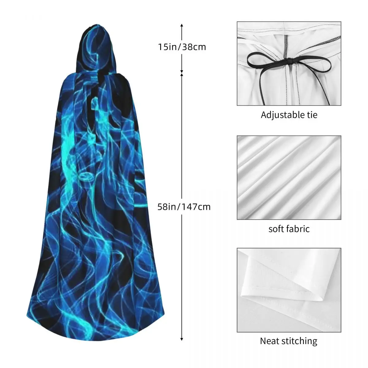 Blue Fire Texture Long Hooded Cloak Witch Medieval Costume Cosplay Cape HalloweenVampire Adult Unisex