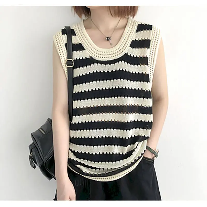 Knitted Ice Silk Vest Hot Girl Tops Casual Sleeveless T Shirt Women 2024 Summer Wear All-match Knitted Vest Fashion Tshirt Woman