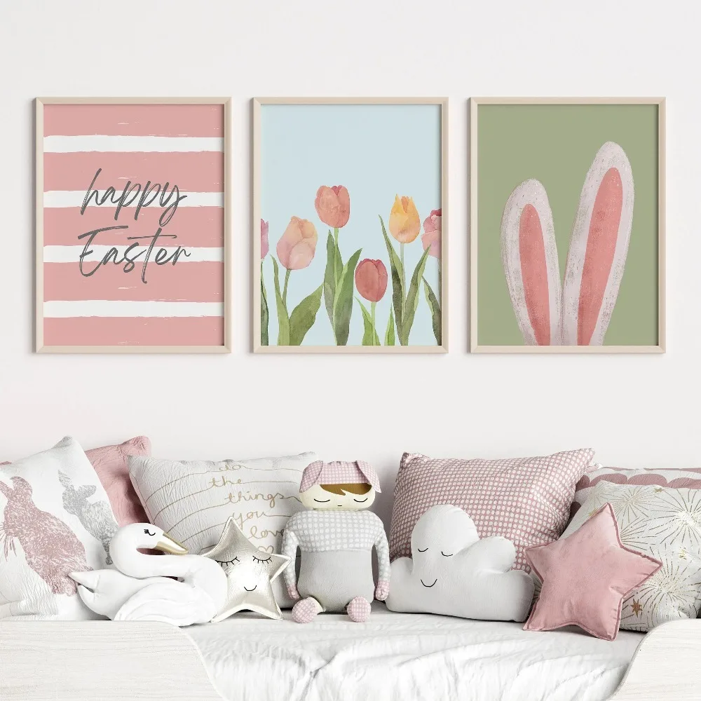 ​Frameless Poster,Cartoon Art,Easter Greetings,Rabbit Ears and Flower Decor Canvas,Ideal Gifts for Bedroom Living Room Corridors