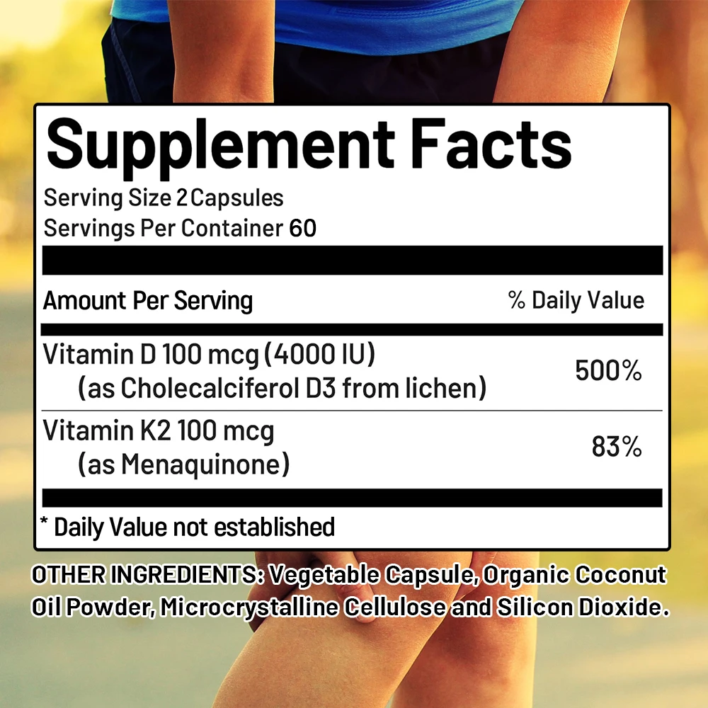 

Капсулы витамина D3 K2, высокомощная добавка D3 K2, поддерживает здоровье иммунитета и поддерживает здоровье костей, зубов и мышц.