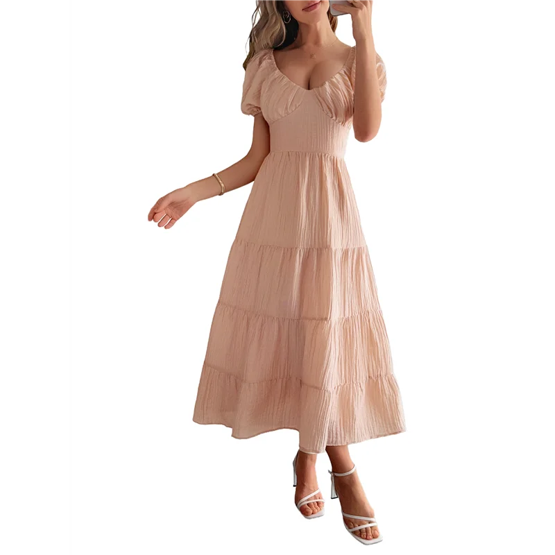 ABRT-Women's Summer Casual Midi Dress Puffy Short Sleeve V-Neck Smocked Tiered Ruffle Dresses