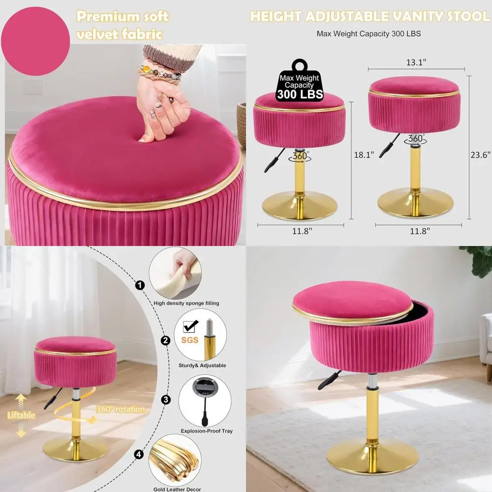 

Rotating Velvet Storage Ottoman Chair with Gold Base for Makeup, Bedroom Use in Hot Pink