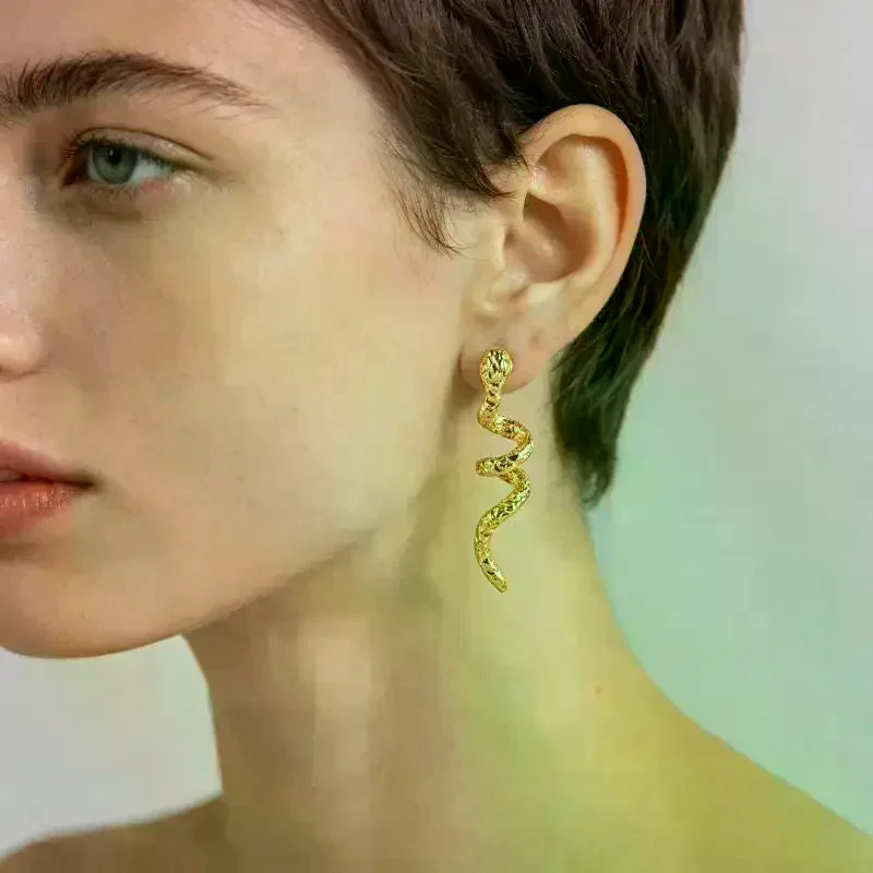 Gold Plated Textured Surface Unique Snake Dangle Earrings Hypoallergenic Posts For Party Date Daily Wear