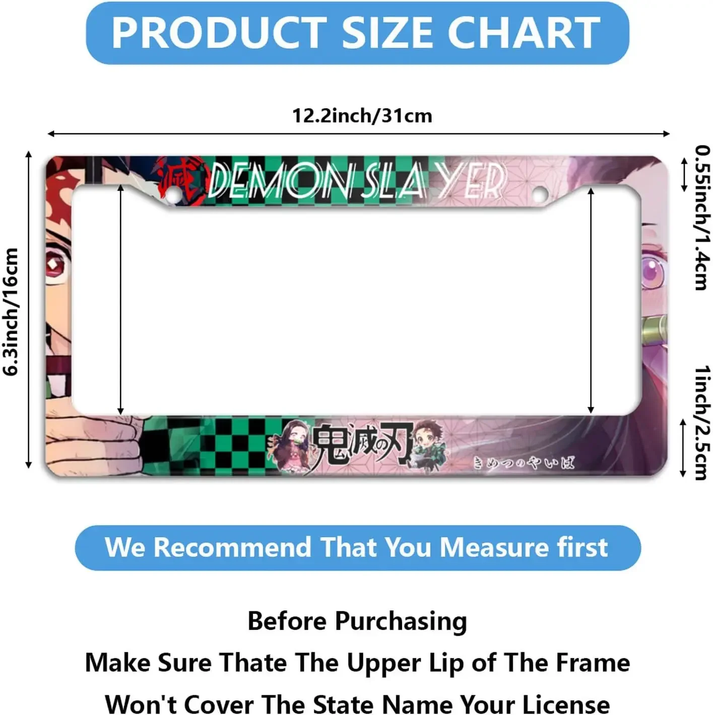 أنيمي شيطان القاتل إطار لوحة الرخصة 2 حزمة حامل لوحة ترخيص السيارة مع 2 ثقوب إطار علامة السيارة للنساء الرجال المركبات الأمريكية