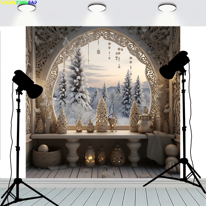 

Christmas Door Wreath Decoration Front Window Pink Flowers Background Firework Show Happy New Year Photography Backdrops MR-07