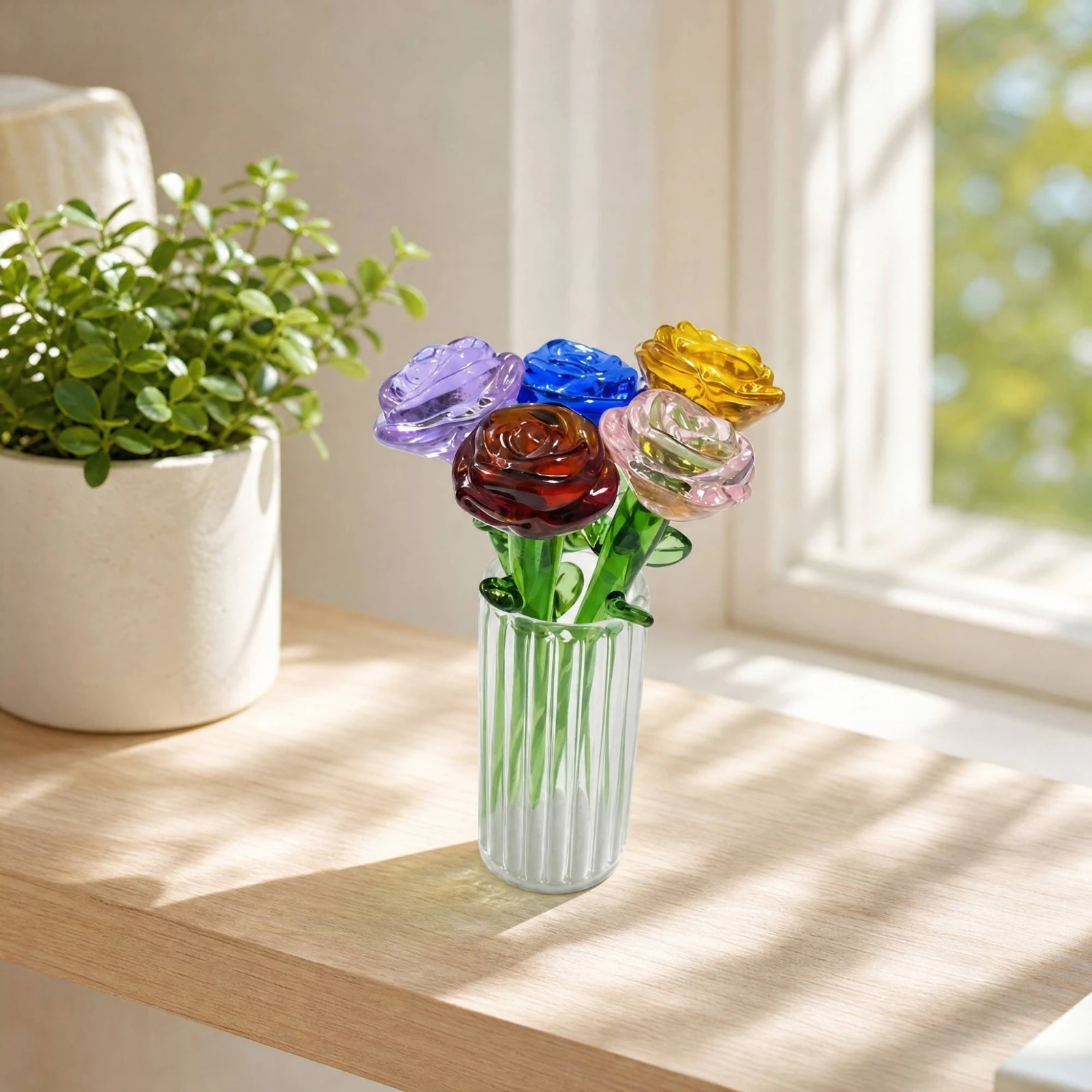 Liuli Glass Rose Arrangement Exquisite Glass Rose Ornament with Ribbed Vase Table Centerpiece Compact Low-Slung for Home Décor