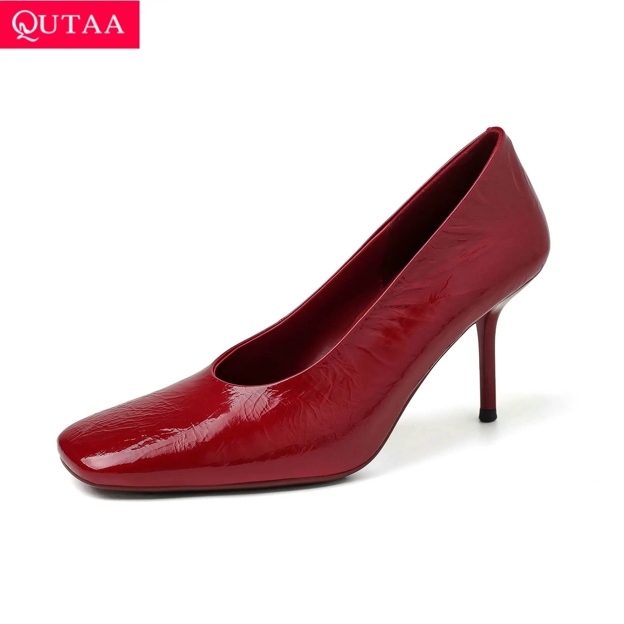 QUTAA 2026 Fashion Women Pumps Shoes News Genuine Leather Woman Spring Slip-on High Heel Shoes Sexy Round Toe Ladies Shoes 34-40