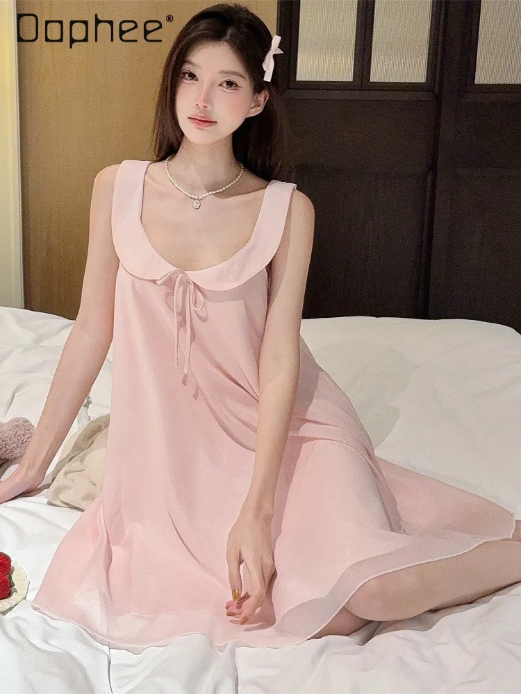 Elegant Sweet Cute Princess Style Doll Collar Mesh Pajamas with Chest Pads Suspender Pajamas Loose Casual Women's Loungewear