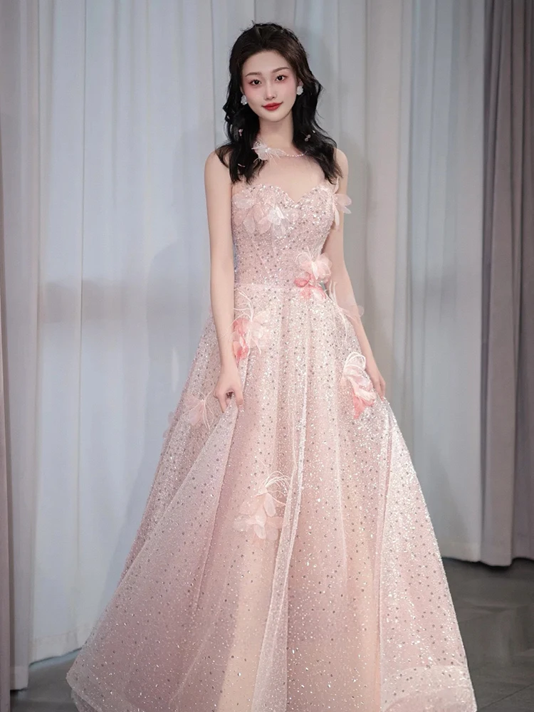 

Pink Flower Evening Gown Women's High-End Wedding Dr Luxury mat 2025 New Sle Sweet Sle Beaded Mid-Waist Long Dr