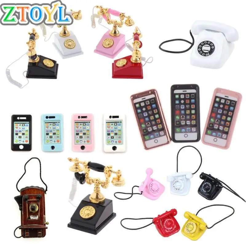 Retro Desk Phone Vintage Telephone Dolls Houses Furniture Acc Decor Children Pretend Play Toy 1/12 Metal Dollhouse Miniature
