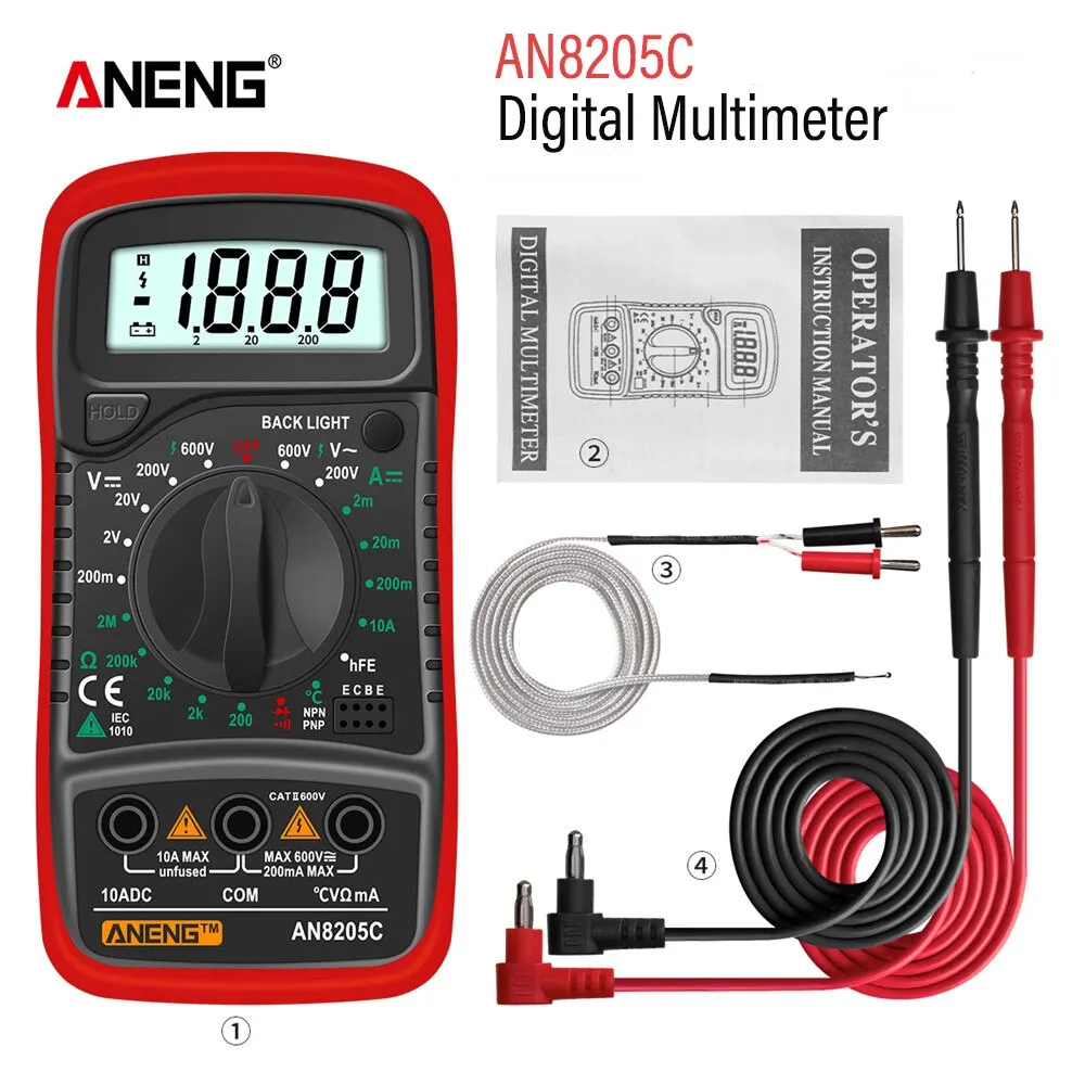 Aneng an8205c kỹ thuật số vạn năng AC/DC Ampe kế Volt Ohm multimetro Tester Meter với cặp nhiệt điện LCD đèn nền di động