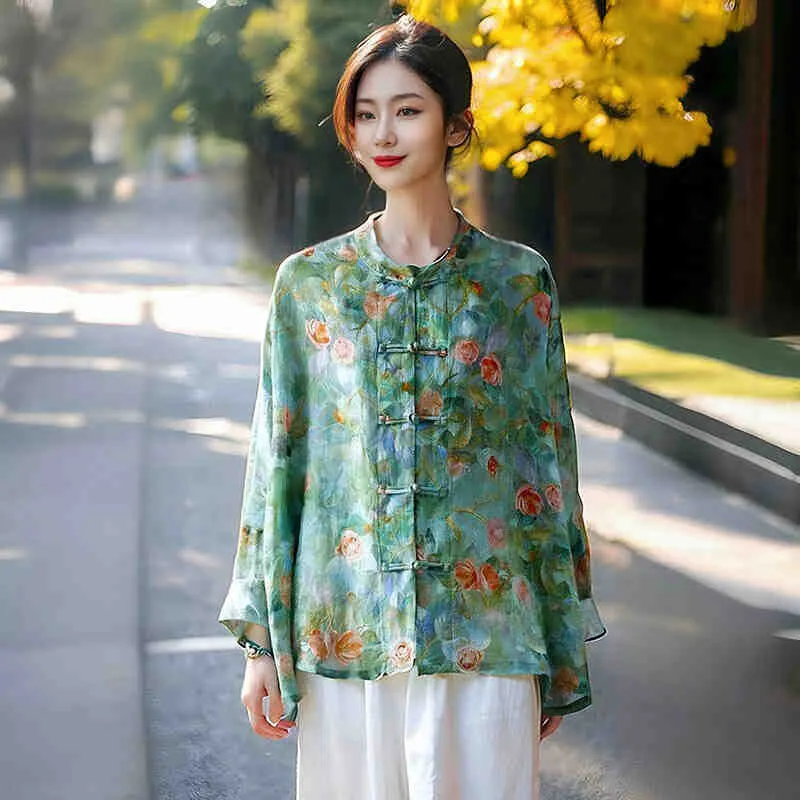 Ramie Printed Lightweight Loose Version Of Long-Sleeved Shirt For Women Chinese Single Row Disc Button Retro Top Spring Summer