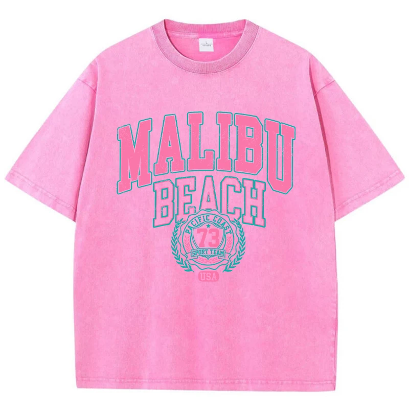 T-Shirt en Coton Délavé pour Femme, Vêtement de Rue, Malibu, Plage, Simple, Lettres Imprimées, à la Mode, Décontracté