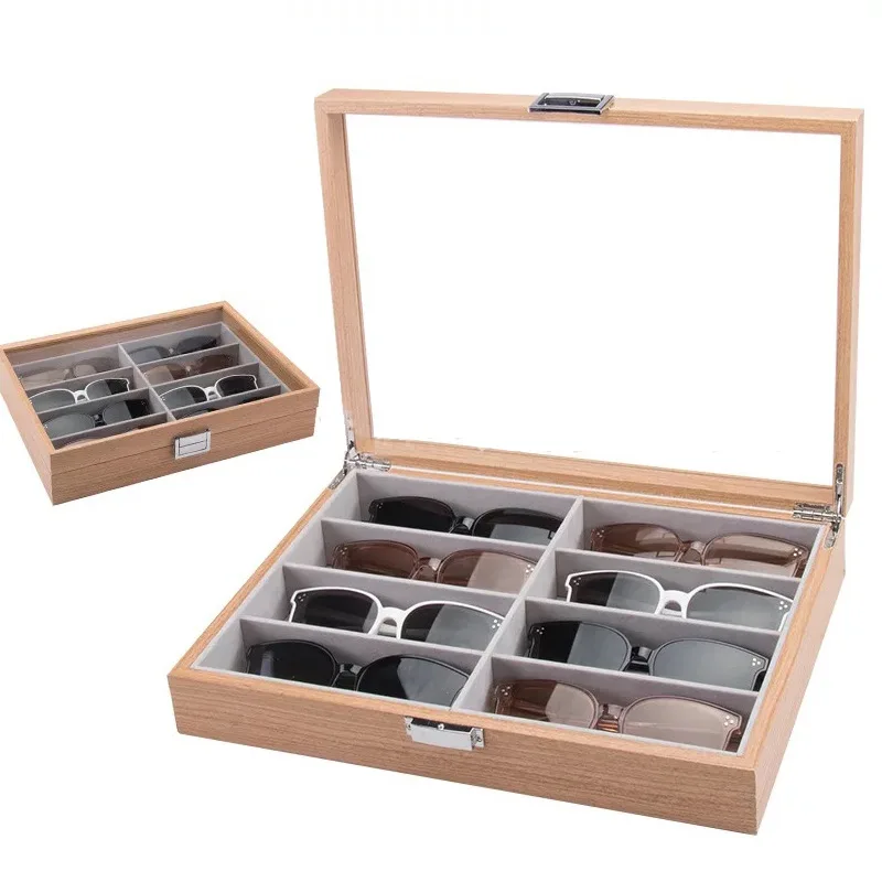 8 Grids/Slots Wood Sunglasses Organizer, Eyeglasses Eyewear Display Stand, Jewelry Glasses Container Organizer for Women Men