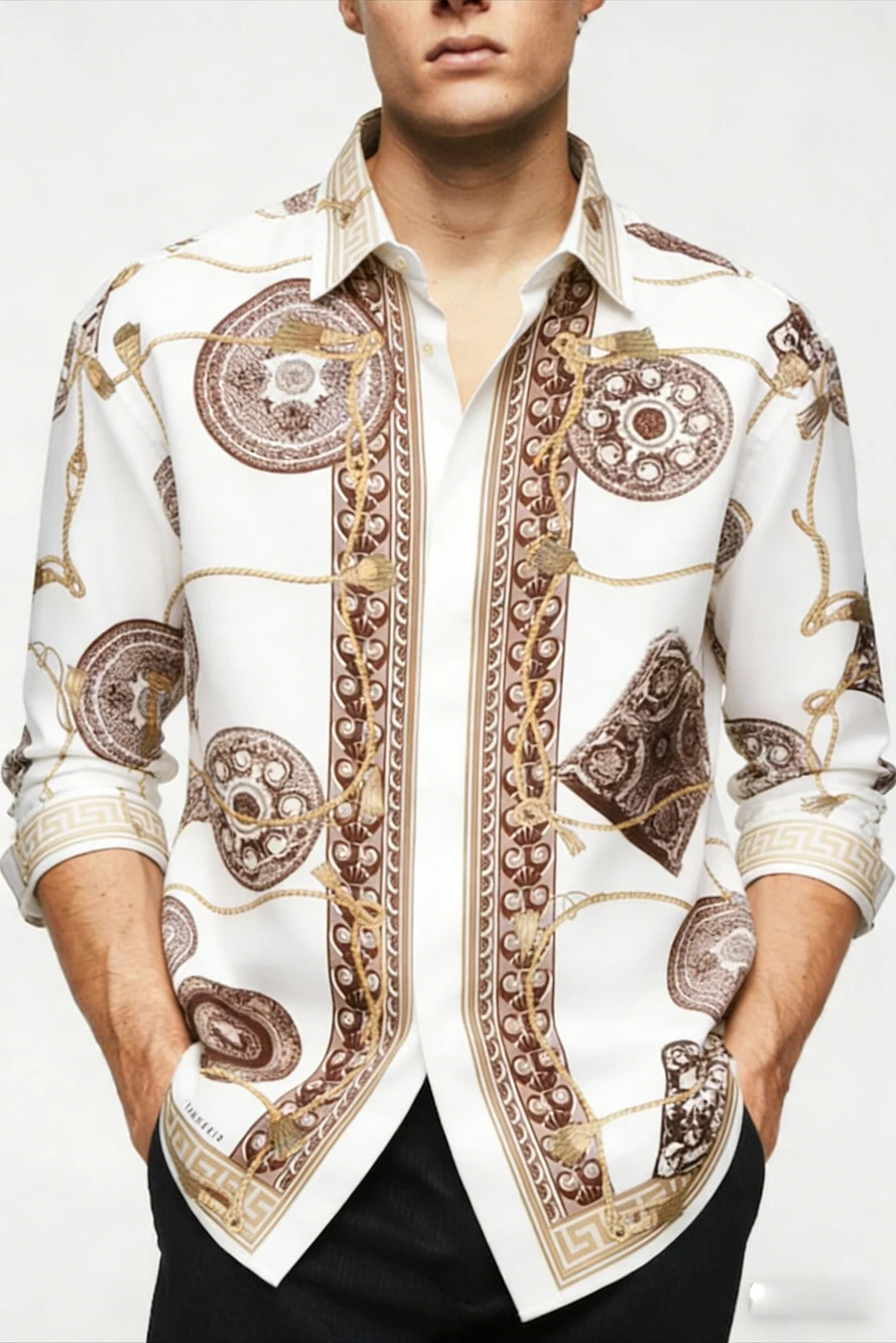 2026 Men's Retro Long Sleeve Shirt Colorful Irregular HD Print Large Size Loose Designer Shirt Business Formal Social Men's Wear