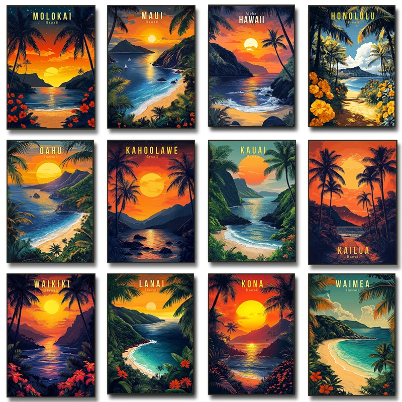 1pc frameless Canvas Painting Hawaii Travel Posters Oahu Waikiki Sunset Vintage Tropical Prints Beach Ocean Canvas Painting Wall