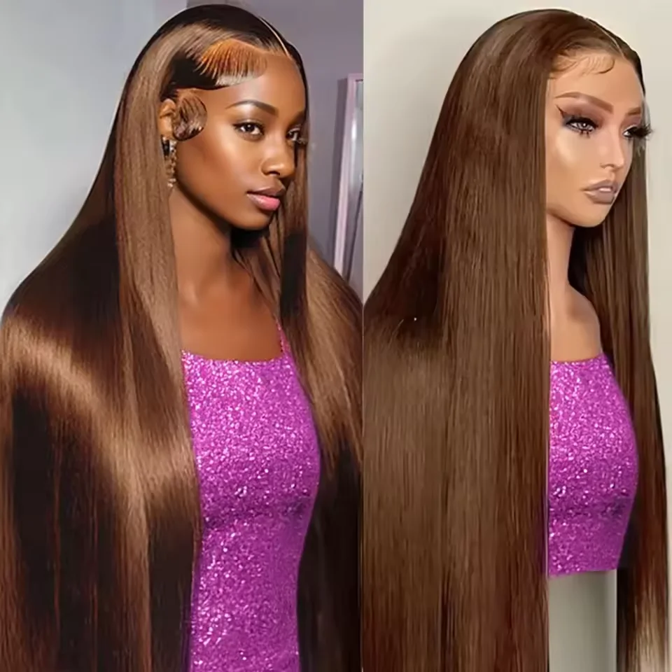 

#4 chocolate brown straight human hair 52 long inches 13x6 HD Front Wigs Transparent Lace Wig 200 density Brazilian human hair