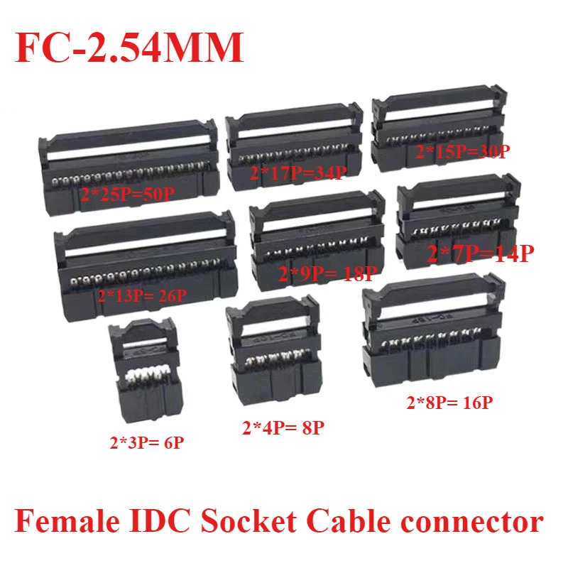 

5PCS Pitch FC-2.54mmFemale IDC Socket Connector Ribbon Cable DC3 Header Male Socket 6P/8/10/12/14/16/18/20/24/26/30/34/40-64Pin