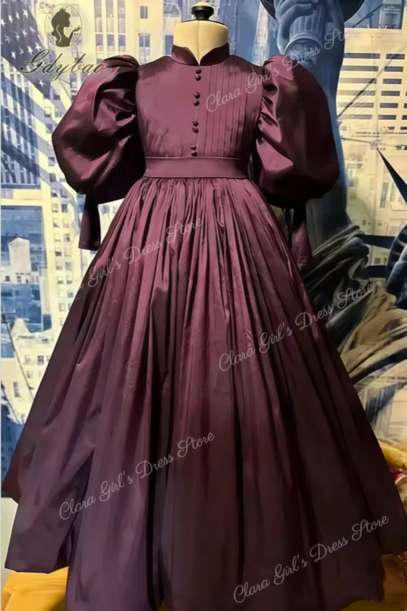 Aangepaste paarse eerste communie jurk voor kinderen pofmouwen bruidsmeisje jurk geplooide satijnen verjaardag jurk