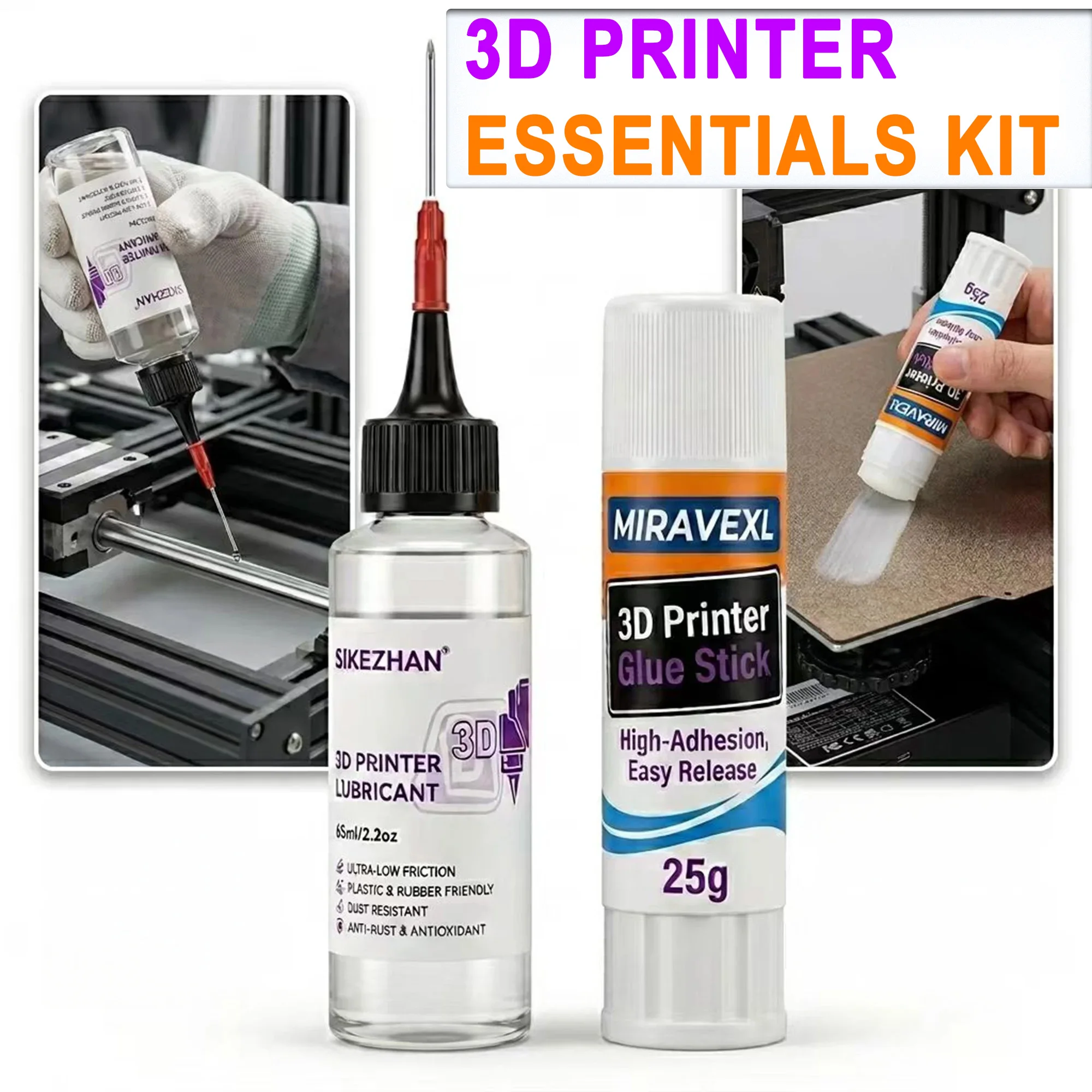 

3D Printer Maintenance Kit 65ml Lubricant Oil 25g Glue Stick Ultra Low Friction High Adhesion Anti Rust Bed Prep Plastic Safe