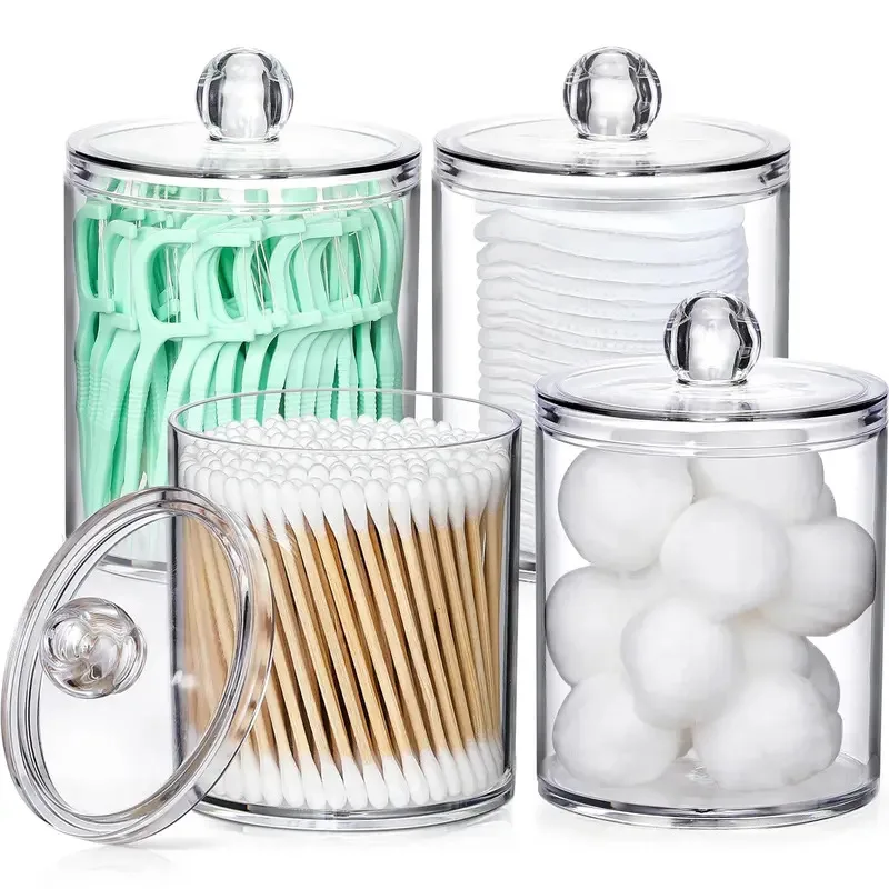 

4-Pack Acrylic Qtip Holder Dispenser for Cotton Swabs, Balls, Pads & Floss Picks, Small Clear Vanity Storage Box Organizer