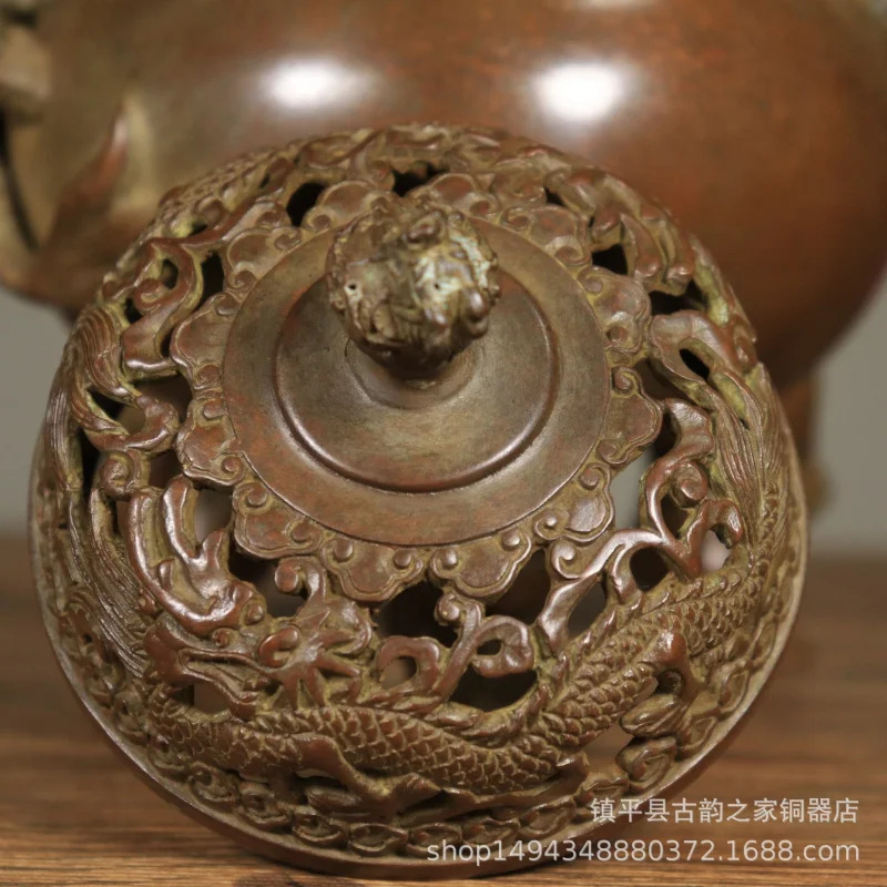 Antique Bronze Double Dragon Lion Lid Incense Burner Home Decoration Ornament Collectible Gift Craft Display