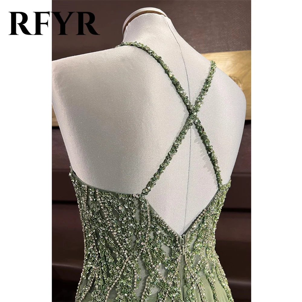 RFYR Dusty Sage Prom Dress Beach Lace Evening Dresses Beaded Cross Back Chiffon Party Dress V-Neck Sequins Embroidery Long 프롬드레스