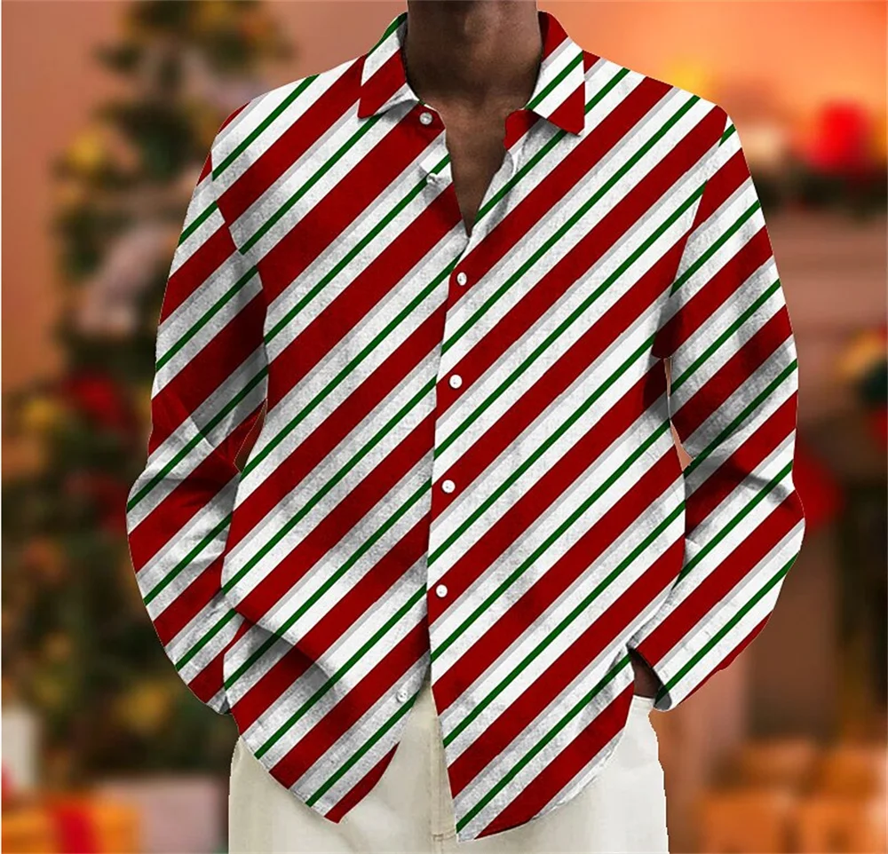 

Christmas themed 3D printed men's long shirts, street wear, party sizes, hot selling items, fashionable 2024 Christmas stripes