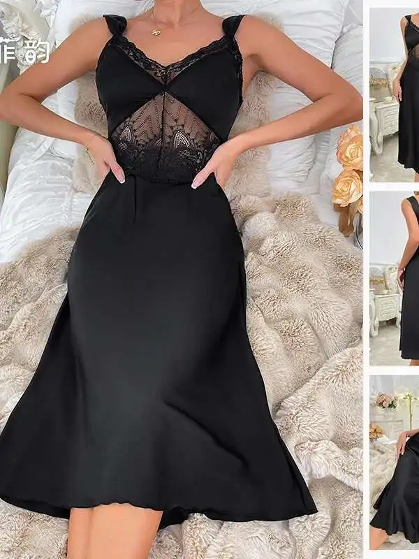 Sexy Nachtwäsche Damen rückenfrei tiefes V-Hosenträger ärmelloses Nachthemd Satin Pure Desire Spitze Französisches High-End-Hauskleid DE9Y