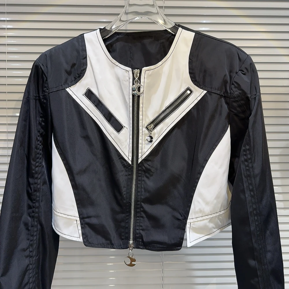 Street Sle Metal Zipper ort Jaet Women's Faion Trend Bla White Contrast Spicy Girl Outerwear Autumn New Arrival