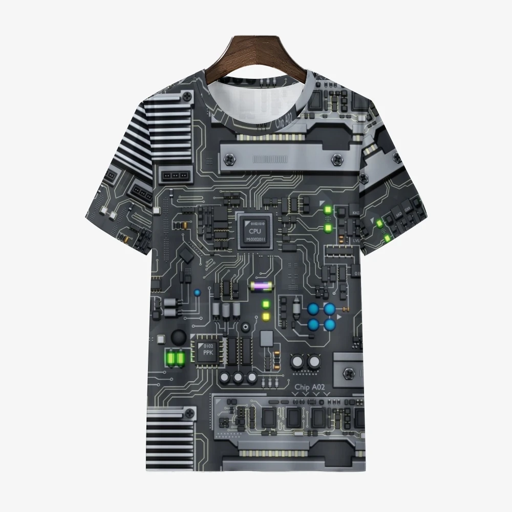 Men's T-Shirt Casual Street Fashion Men's Clothing Oversized T-Shirt Top Circuit Board Electronic Chip Short Sleeve,streetwear