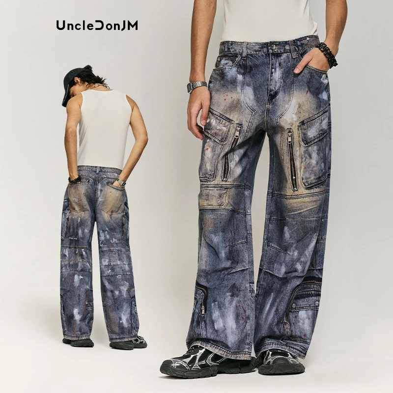 Multi-pocket Inkjet Digital Printing Jeans 2024 Autumn and Winter Street Trousers for Men and Women